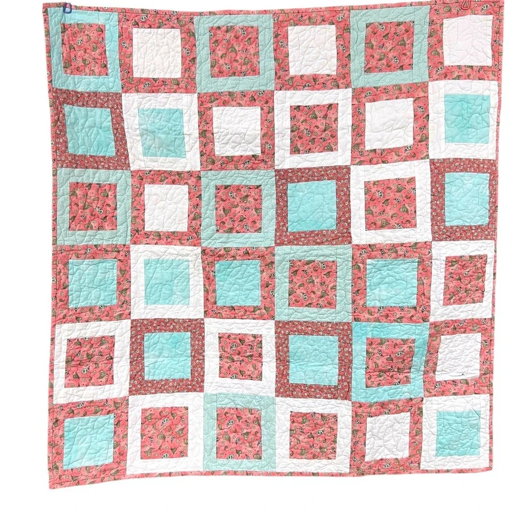 Handmade Patchwork Throw Quilt Coral Aqua Square Blocks 39x39